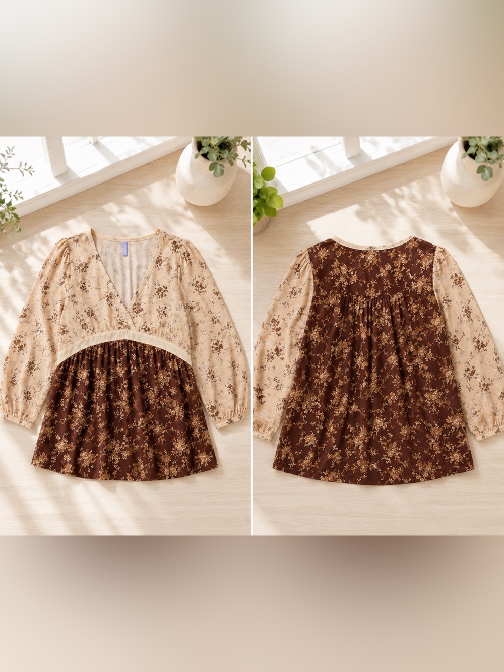 Bohemian Two-Tone Floral V-Neck Peasant Blouse - Brown & Cream Size 2X GUC - Picture 2 of 6